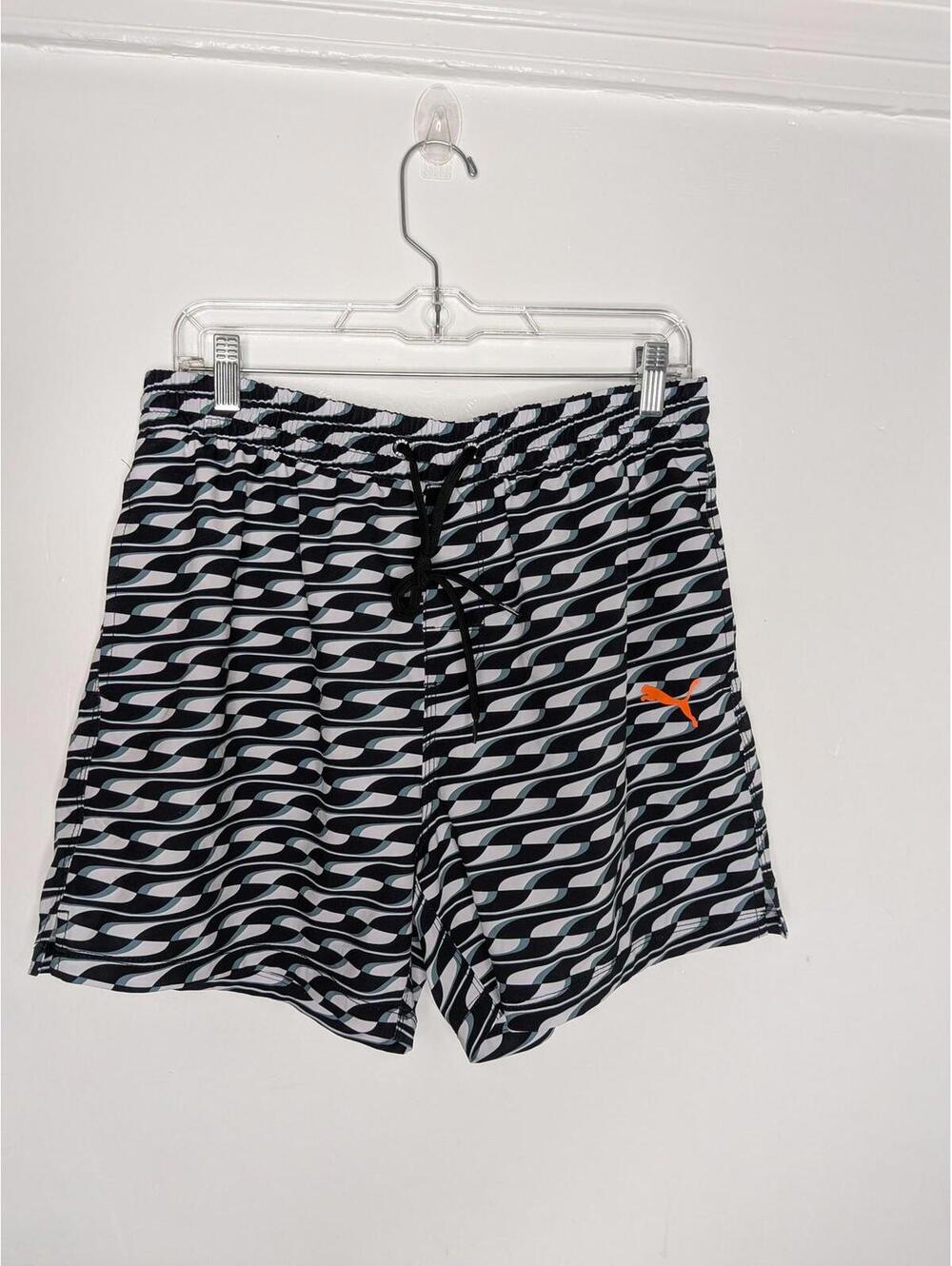 Puma Swim Shorts Mens Large Black Wave Stripe Elastic Waist Lined Trunks Pockets